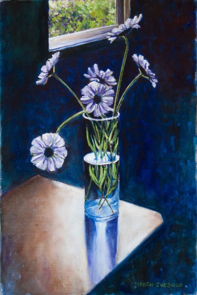 Blue Vase with Purple Flowers